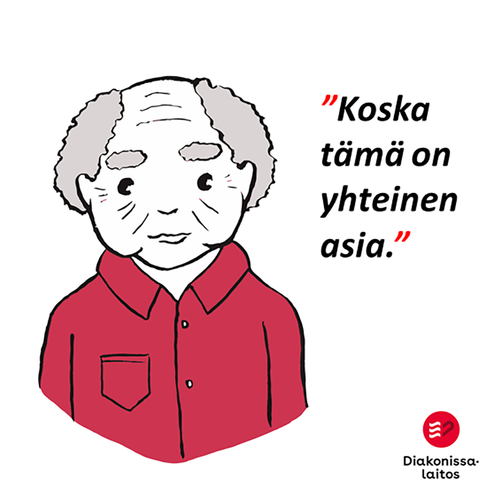 Vanha mies, piirroskuva. Kuvassa on teksti "Koska tämä on yhteinen asia". Mies on tunnuskuva toimintamallille Etsivä vanhustyö.